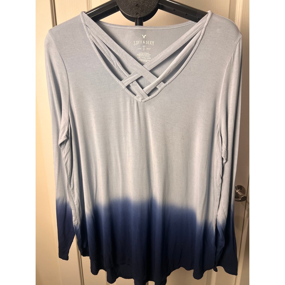 AEO Ombre Criss Cross Neck Long Sleeve Top Y2K Fall Lightweight Monochrome Retro